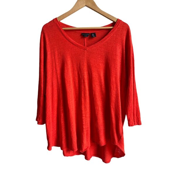 TAHARI Women's Size 1X Orange Linen Deep V-Neck Top Relaxed Summer Breathable - Picture 1 of 6